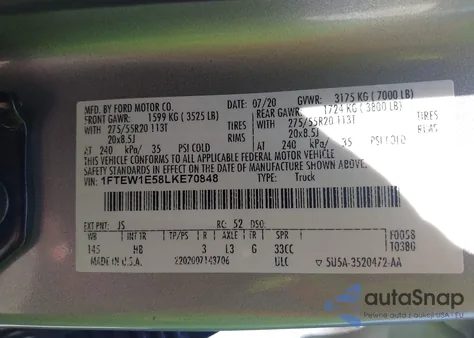 2020 Ford F-150 Lariat z USA, uszkodzony, nr VIN 1FTEW1E58LKE70848